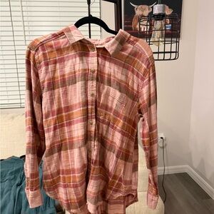 American Eagle Outfitters Distressed Pink and Brown Plaid Shirt